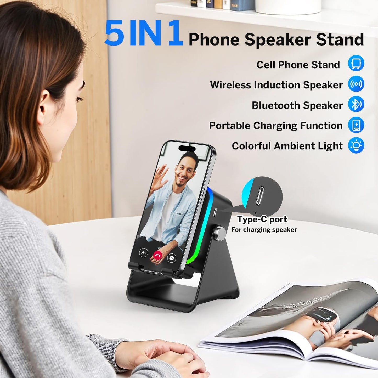 LumiTech™ Wireless Induction Speaker 5-in-1 Bluetooth Speaker with Phone Stand